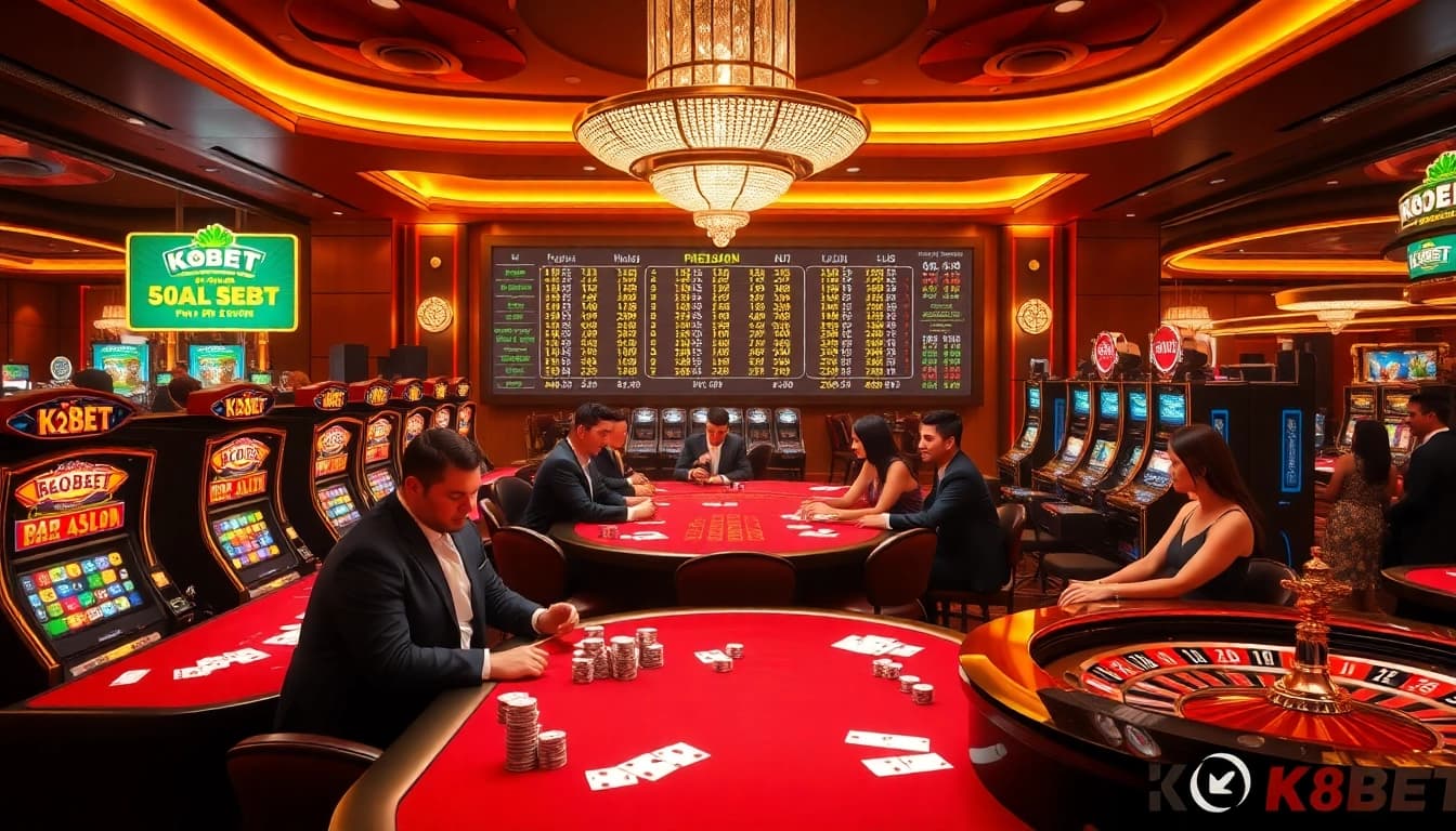 K8BET gamers engage at a luxury casino table with vibrant chips and cards in an exciting atmosphere.