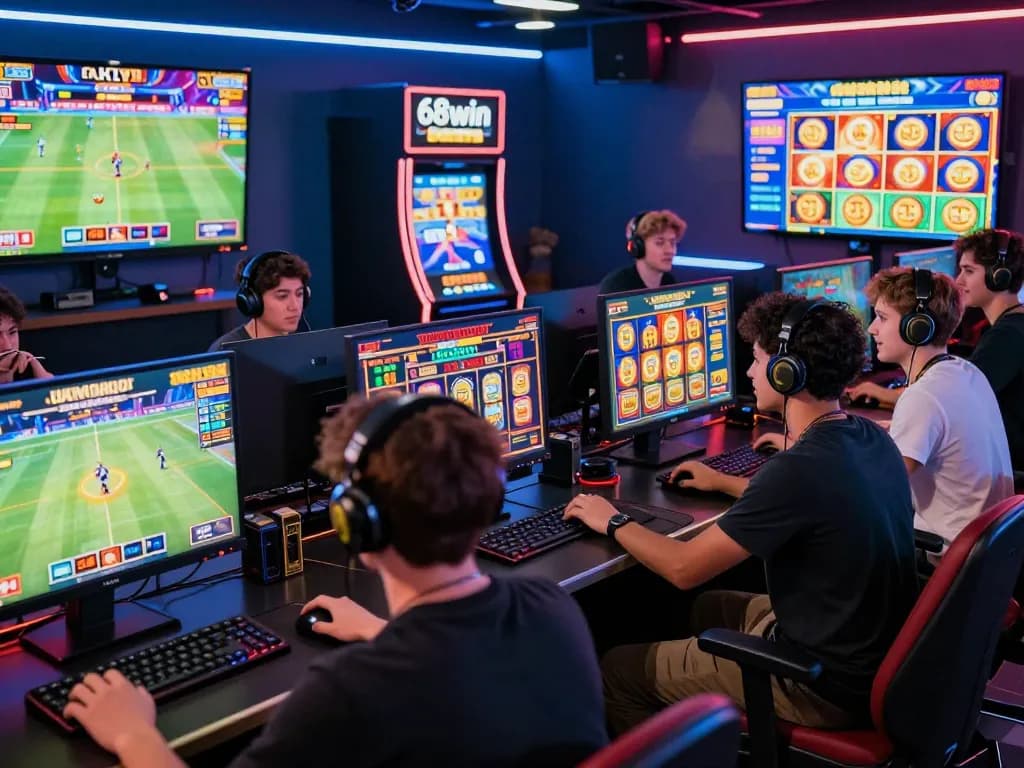 Diverse gamers engaged in multiple online games including slots and sports betting at 68win.