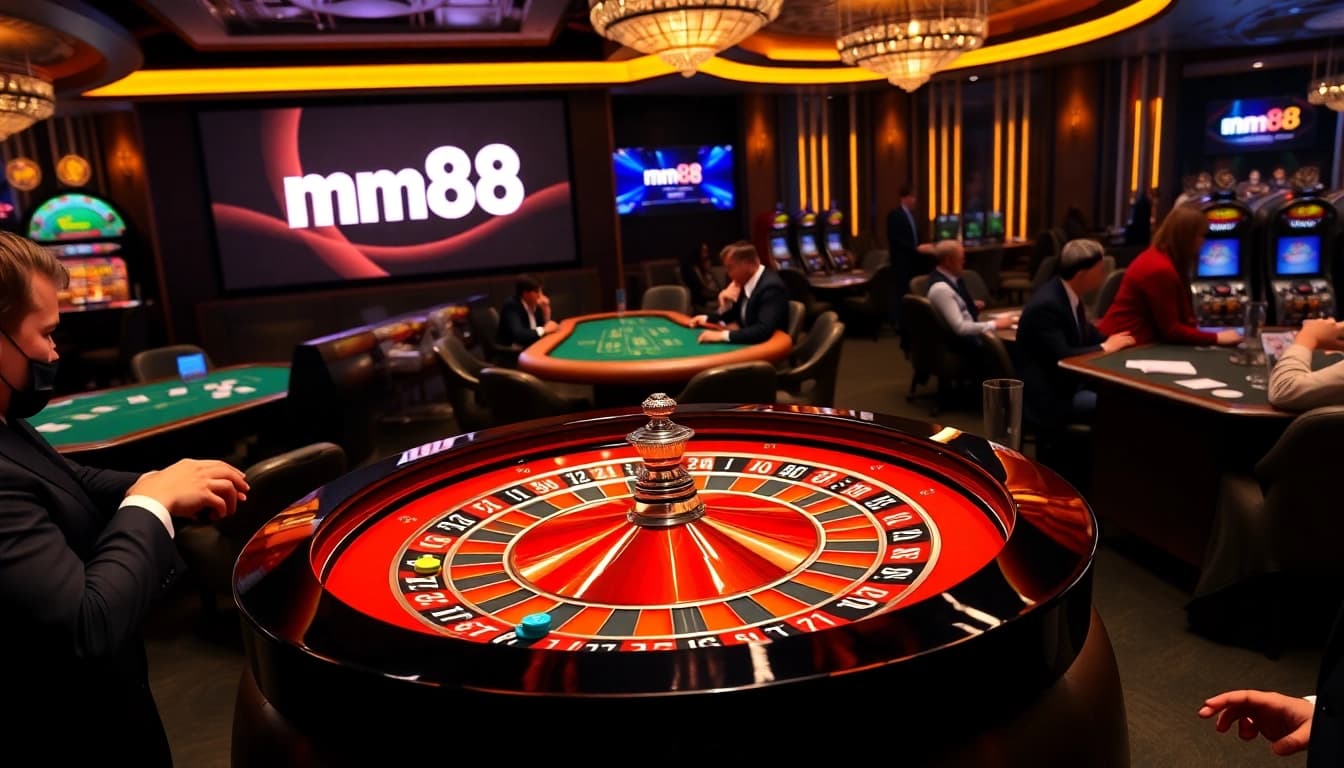 Players enjoying high-stakes roulette at mm88 casino with glamorous decor and vibrant atmosphere.