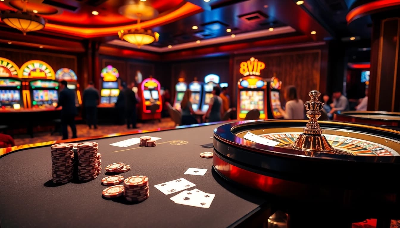 Players enjoying poker at the 68VIP casino, surrounded by vibrant slot machines and roulette wheels.