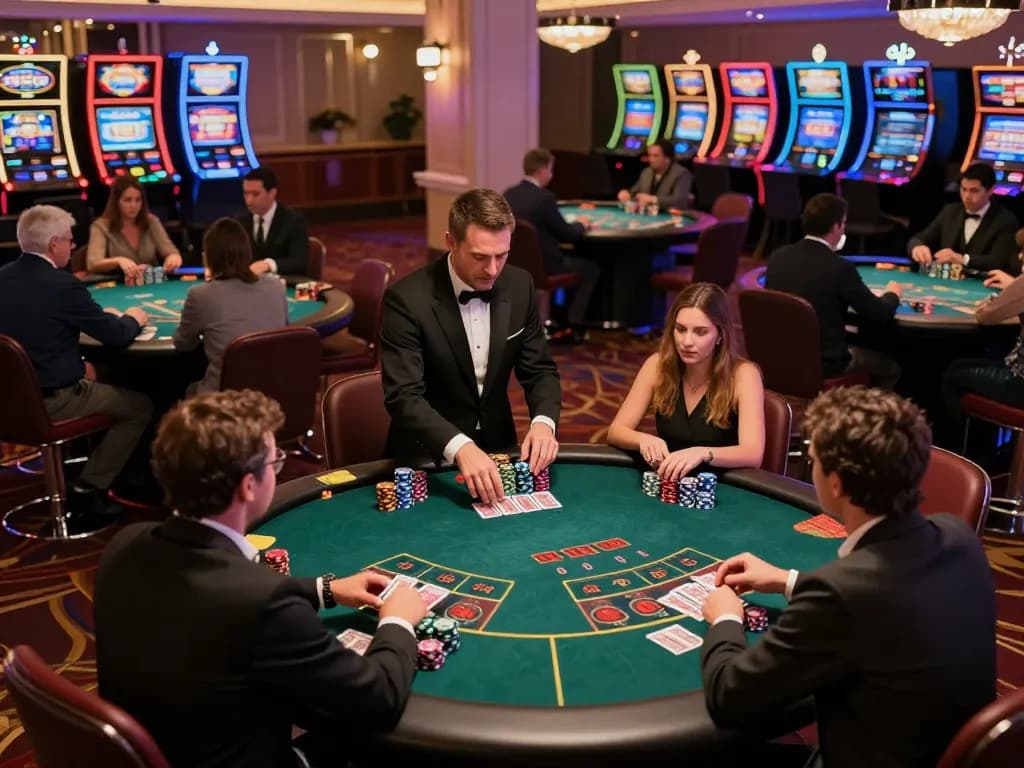 Players enjoying thrilling blackjack games at the mb66 casino floor during an exciting evening.