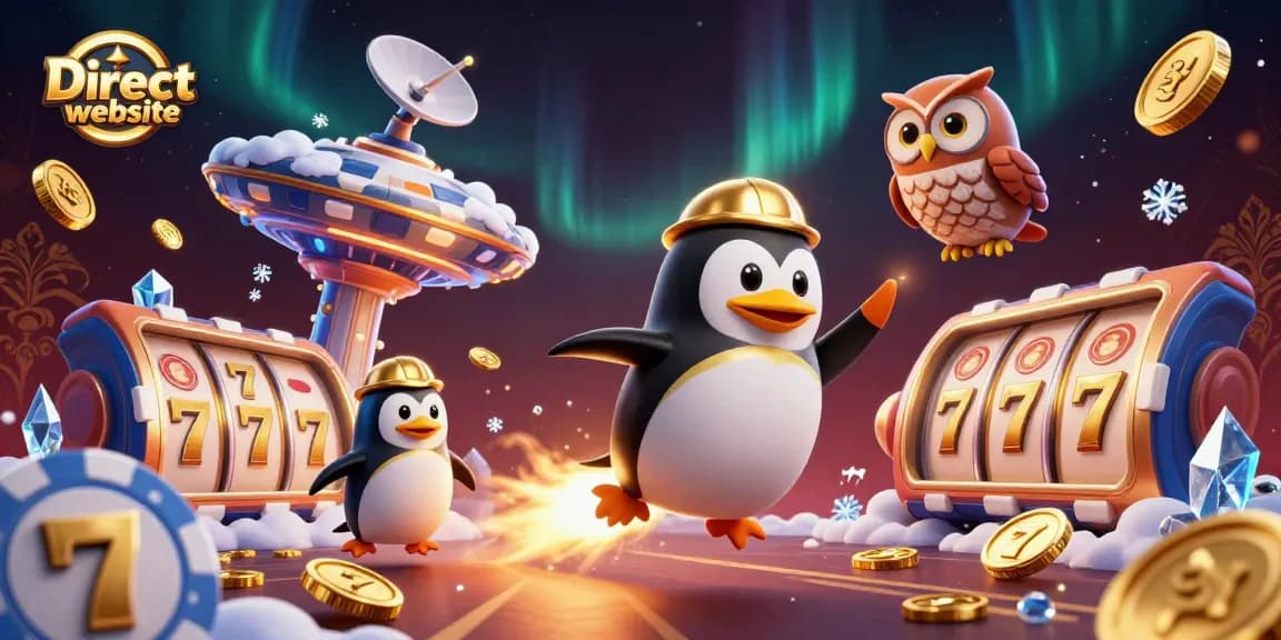 Experience the thrill of playing at a Direct website, where golden coins rain from a penguin in a colorful casino universe.