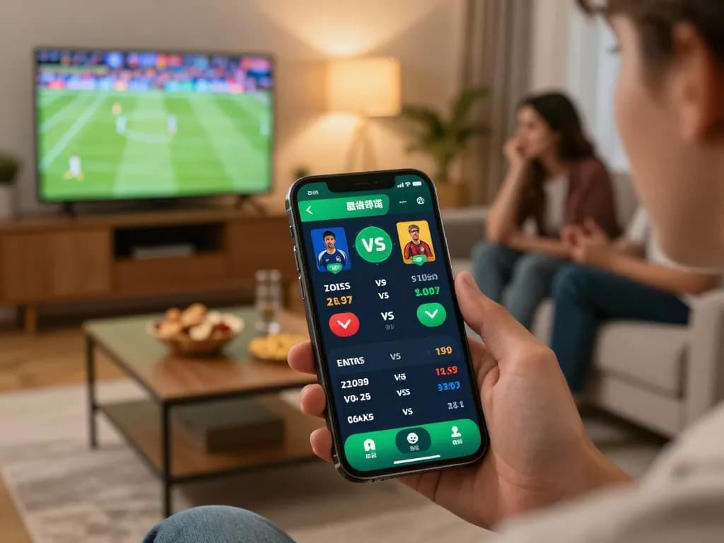 Engaging moment of a player using the lv88 app for live sports betting, surrounded by friends in a cozy atmosphere.
