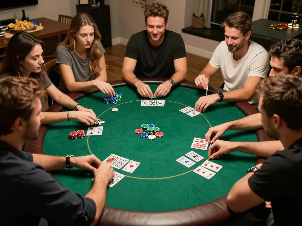 Friends playing poker at home, capturing the excitement of XXGG gaming experience amidst colorful chips and cards