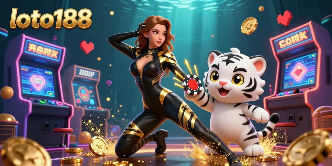 Engage with loto188's thrilling gameplay featuring a dynamic woman, playful tiger, and vibrant casino elements.