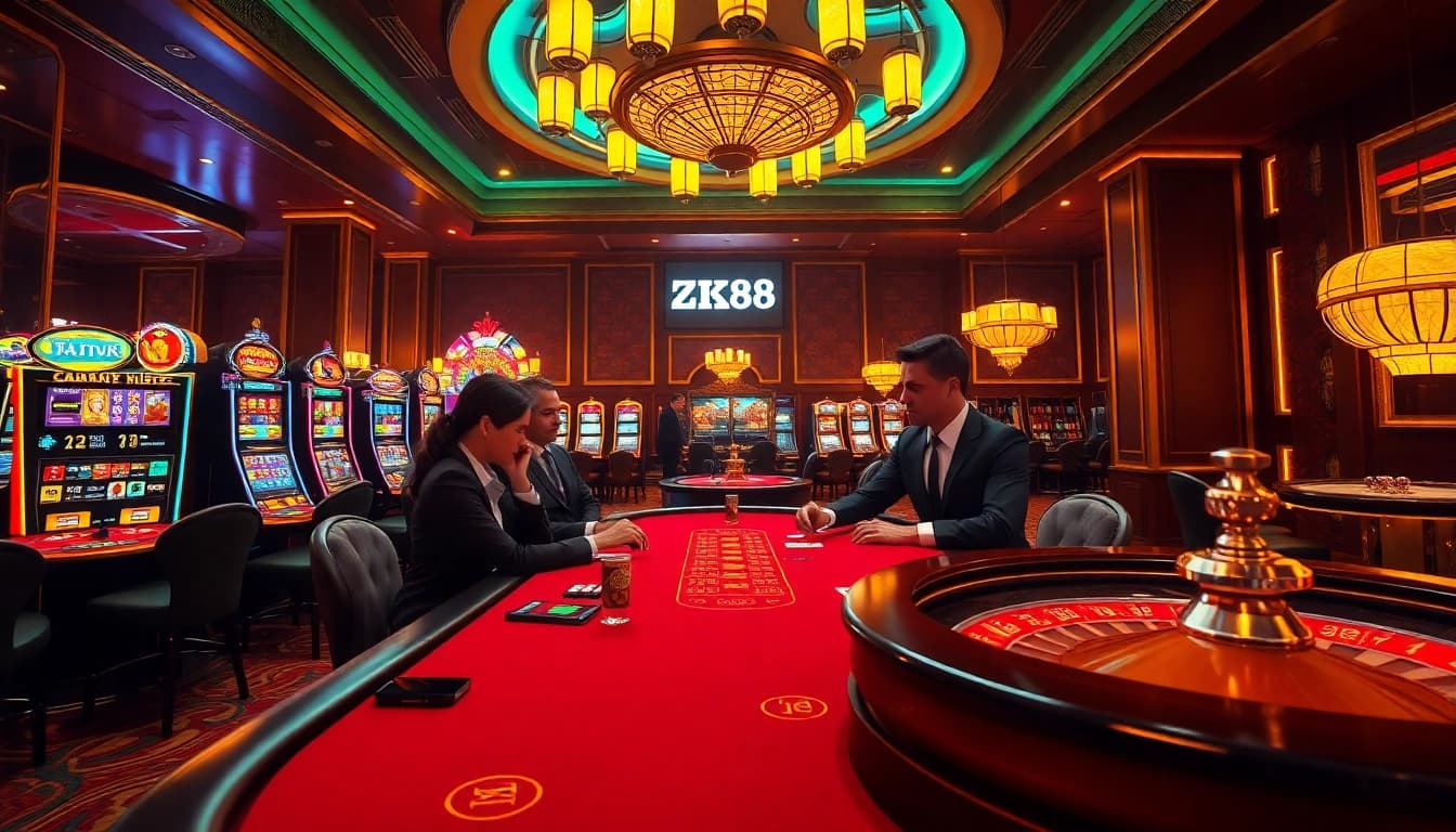 Engaging players at a high-stakes poker table in a luxurious setting of https://zk88.club/ with vibrant casino elements.