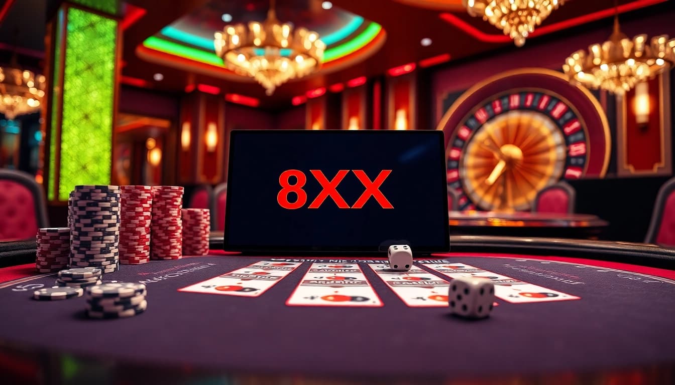 Experience high-stakes gambling at 8XX's elegant blackjack table amidst the luxury of a vibrant casino.