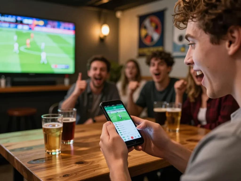 Person engaged in sports betting on ALO8 app while watching live event in a vibrant sports bar