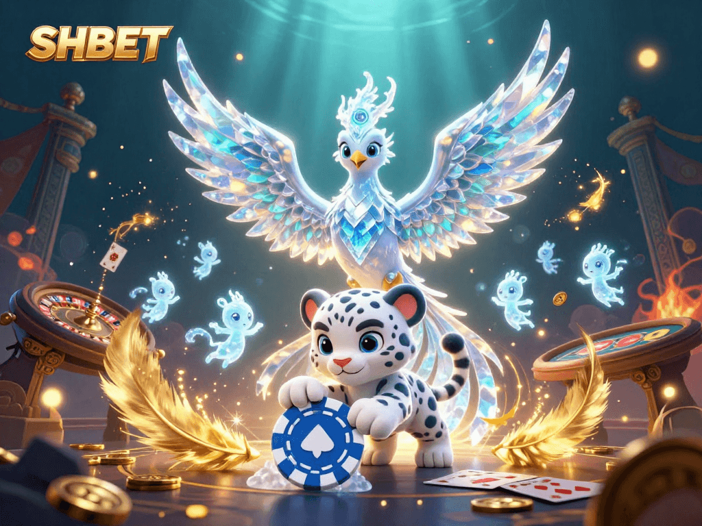 Win big with SHBET's unique 3D casino scene featuring a vibrant ice phoenix and interactive games.
