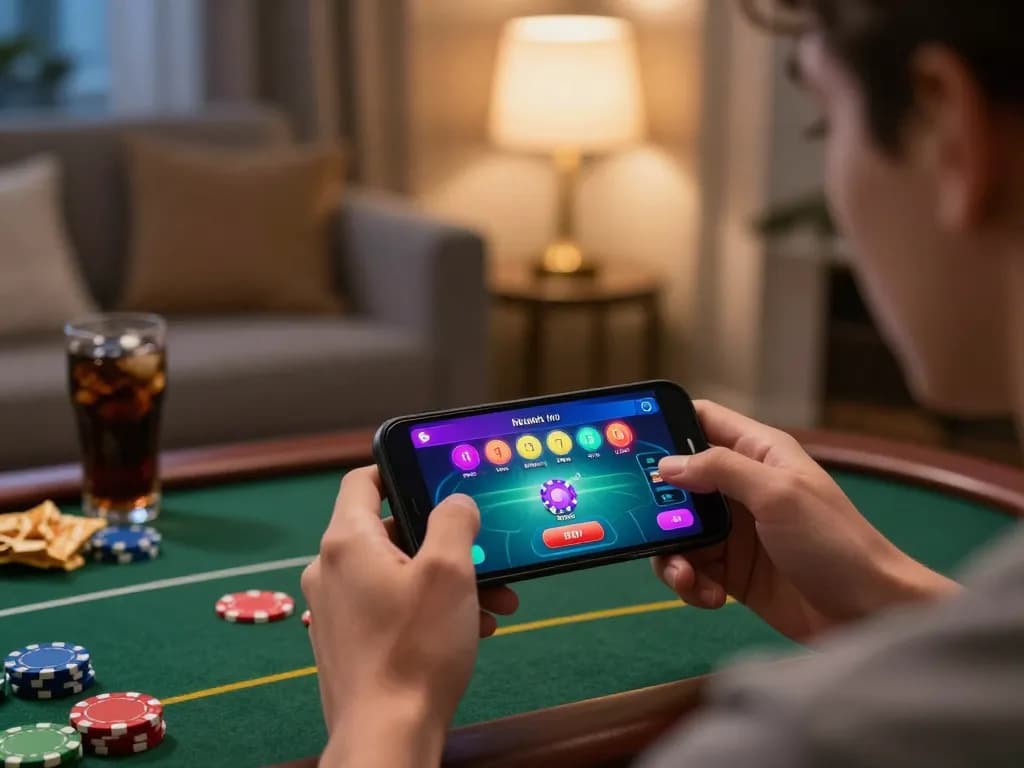 C168 mobile gaming experience with user enjoying online poker on smartphone in cozy living room.