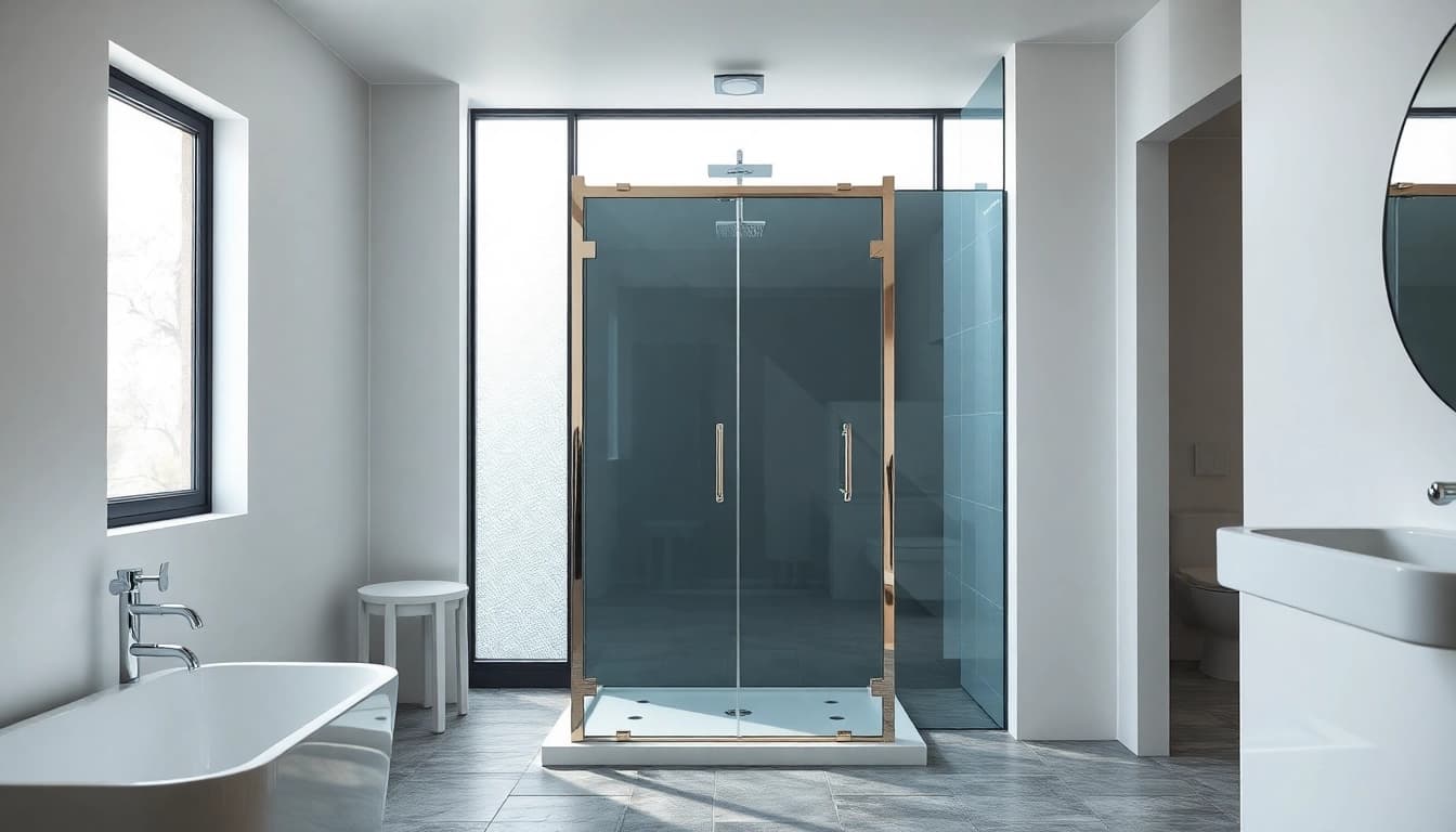 Enhance your bathroom with a stylish black shower door featuring sleek design and natural light.