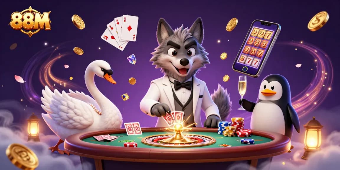 Experience the thrill of 88M with a dynamic casino scene featuring a debonair wolf, swan dealer, and penguin sommelier.