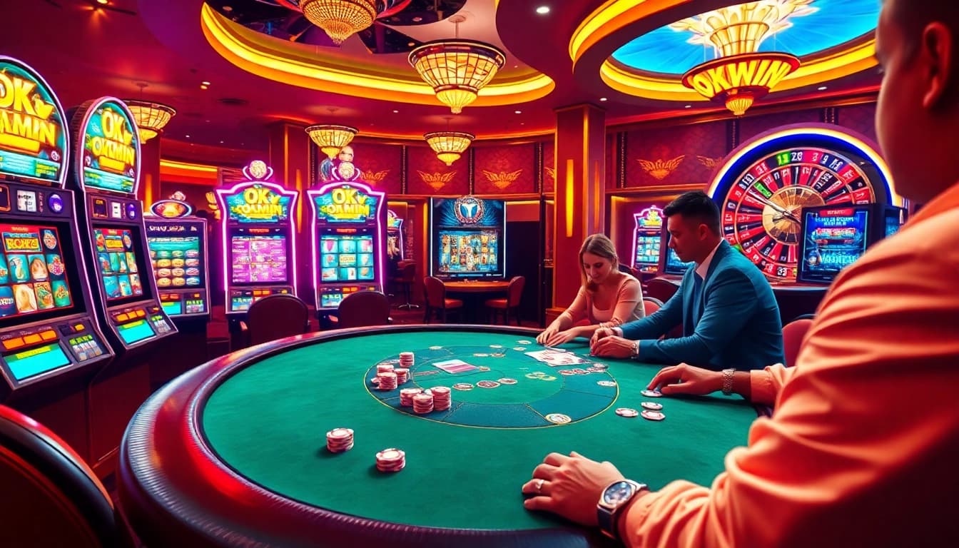Engaged players enjoying the thrill of poker at OKWIN casino with vibrant slot machines.