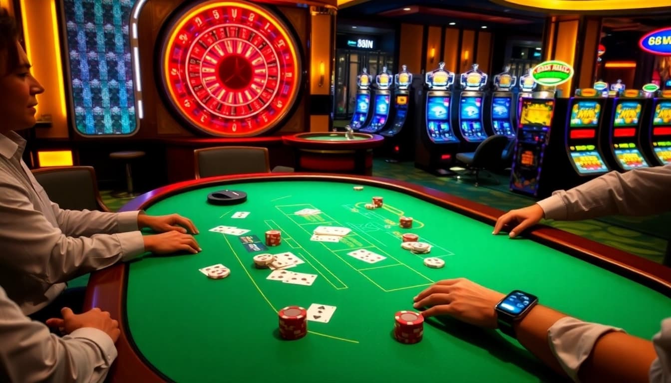 Experience excitement at 68WIN com with players enjoying blackjack at a luxurious casino table.