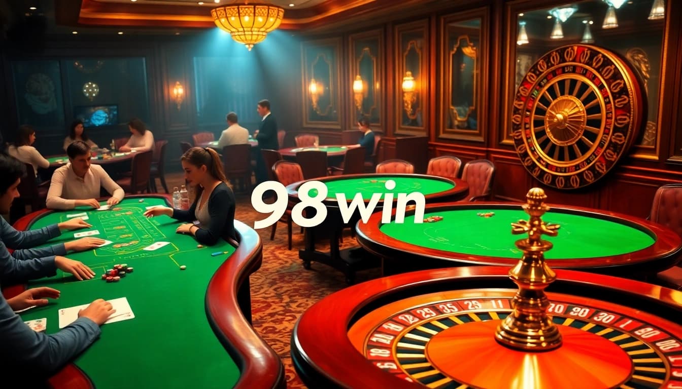 Exciting scene at 98win casino featuring players engaged in poker and blackjack.