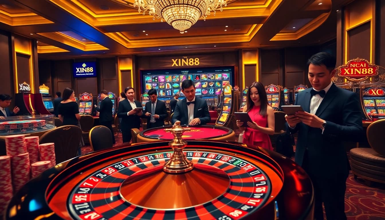 Engaging scene of Nhà Cái XIN88's online gambling interface with roulette and poker chips.