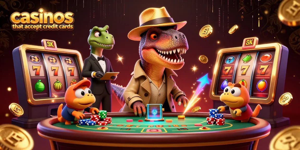 Engaging scene depicting casinos that accept credit cards with a velociraptor card counter and casino elements.