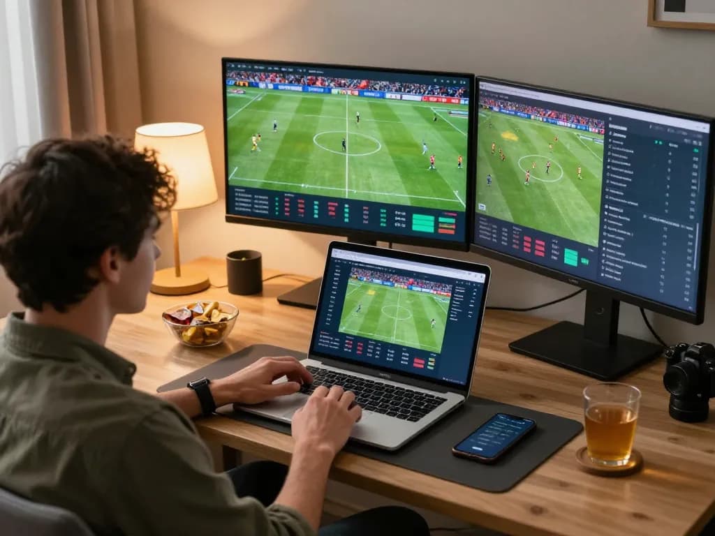 Socolive user analyzing live football betting on laptop with high-quality graphics and engaged atmosphere.