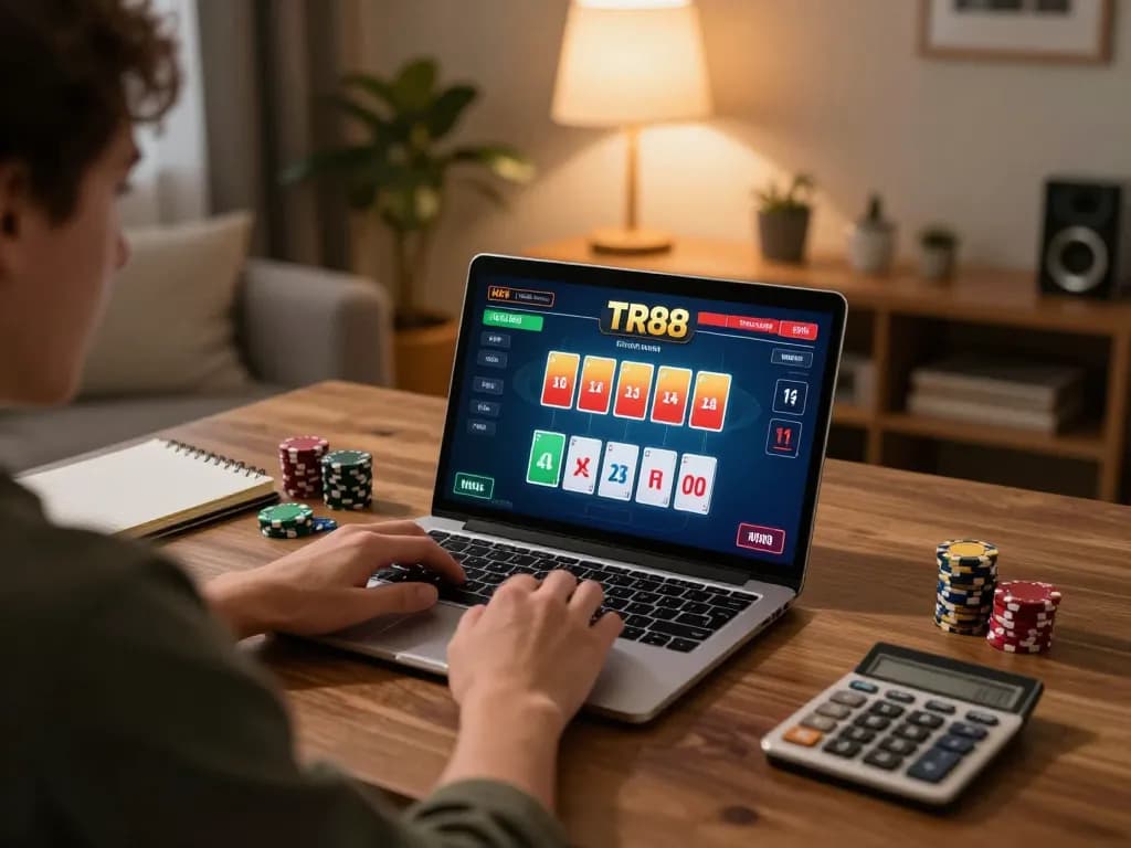 Player engaging in TR88 online poker game at home, focused on screen with community cards visible.