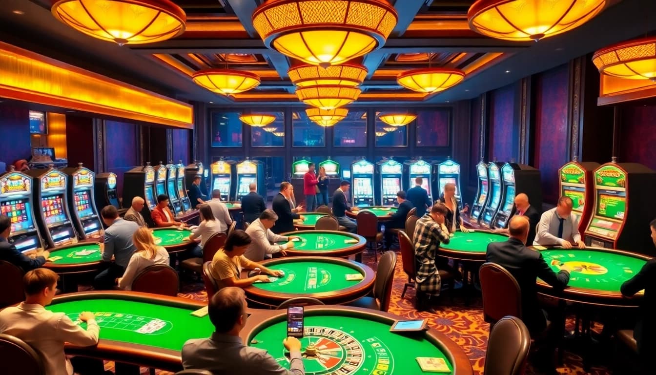 Players enjoying high-stakes games at 8KBET's luxurious casino setting.