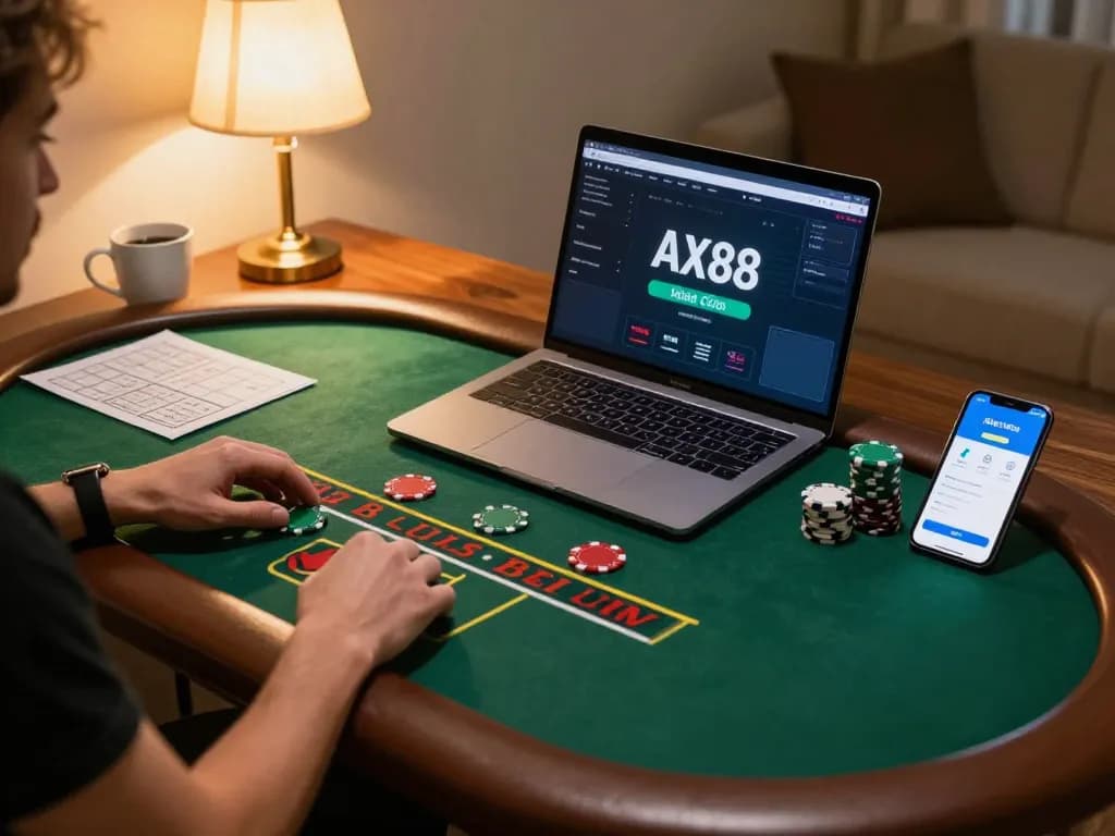 Player enjoying AX88 nhà cái with laptop and bets on a warm desk setting