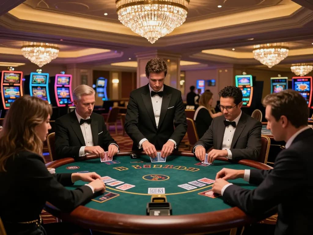 Players engaged at a blackjack table in an upscale casino, highlighting strategic gameplay with cm88-t1.