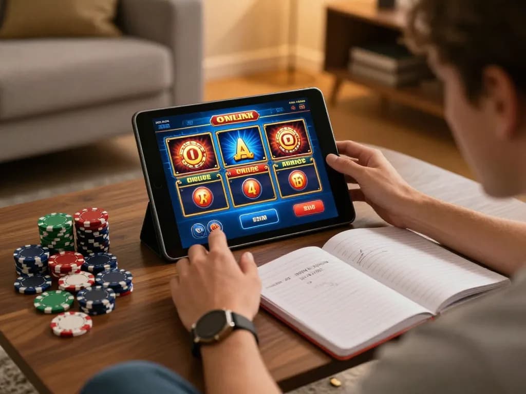 Engaging online gaming scene at home with luck8 slots on tablet and strategic notes.