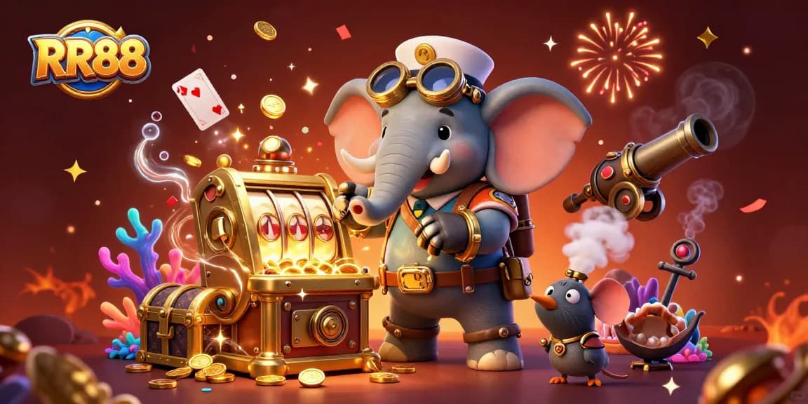 RR88 showcases a vibrant casino experience with a steampunk elephant operating a golden slot machine.