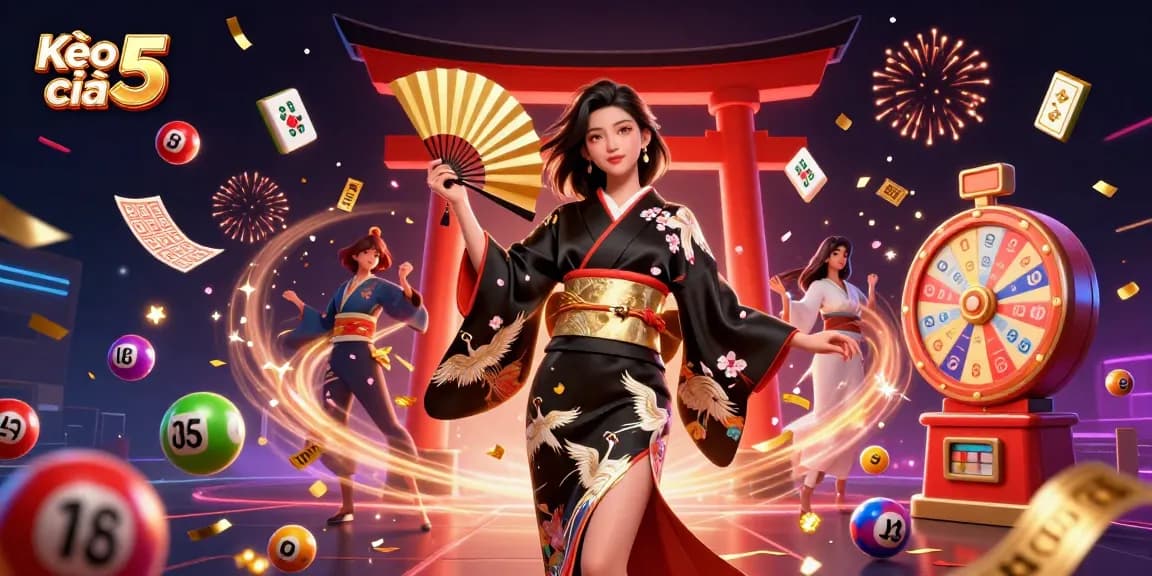 Kèo nhà cái 5 showcases a vibrant digital illustration of an elegant Asian woman in a kimono surrounded by dynamic gaming elements.