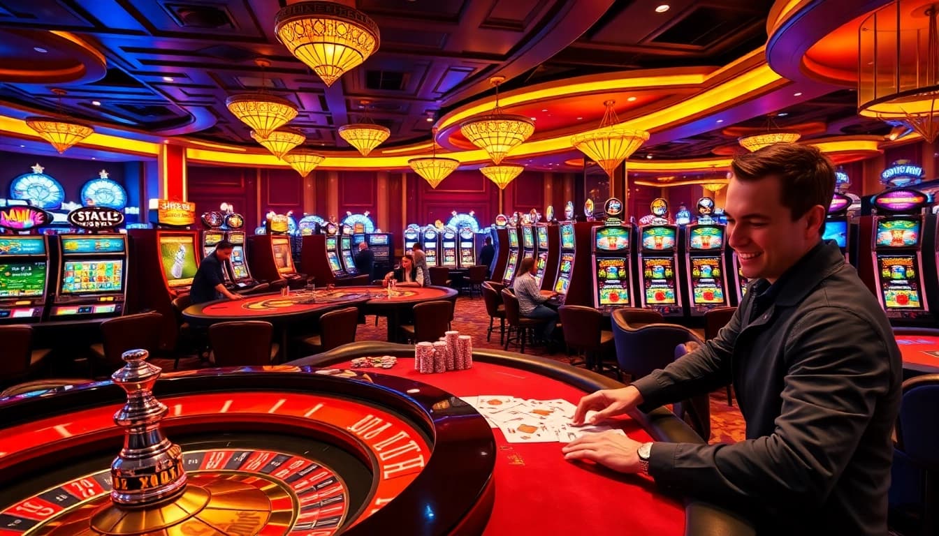 Players enjoying high-stakes games at Haywin's luxurious casino floor featuring vibrant slot machines.