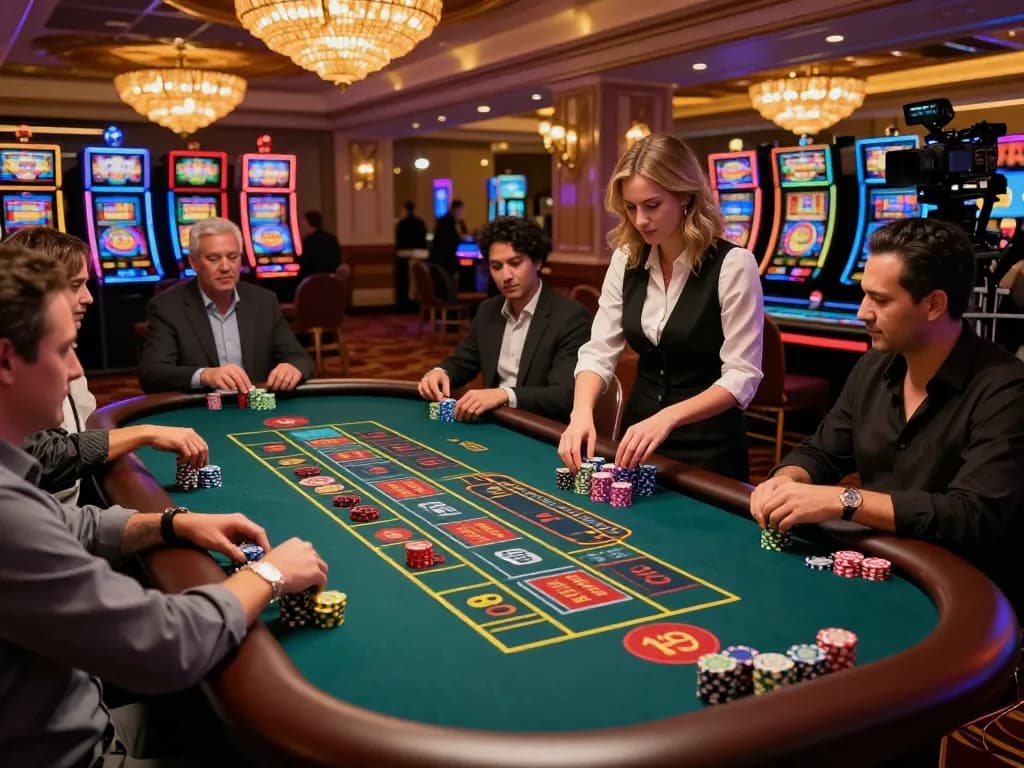 DOLA789 players engaging at a roulette table in a vibrant casino atmosphere