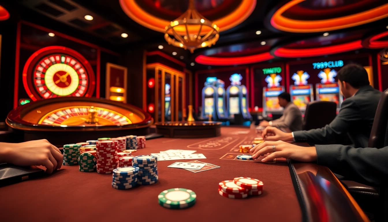 Exciting gambling action at 789club's vibrant casino table with chips and cards.