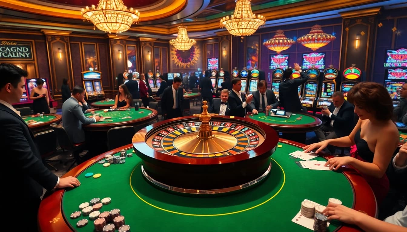 Experience the excitement of bsport with vibrant casino tables and a thrilling roulette wheel.