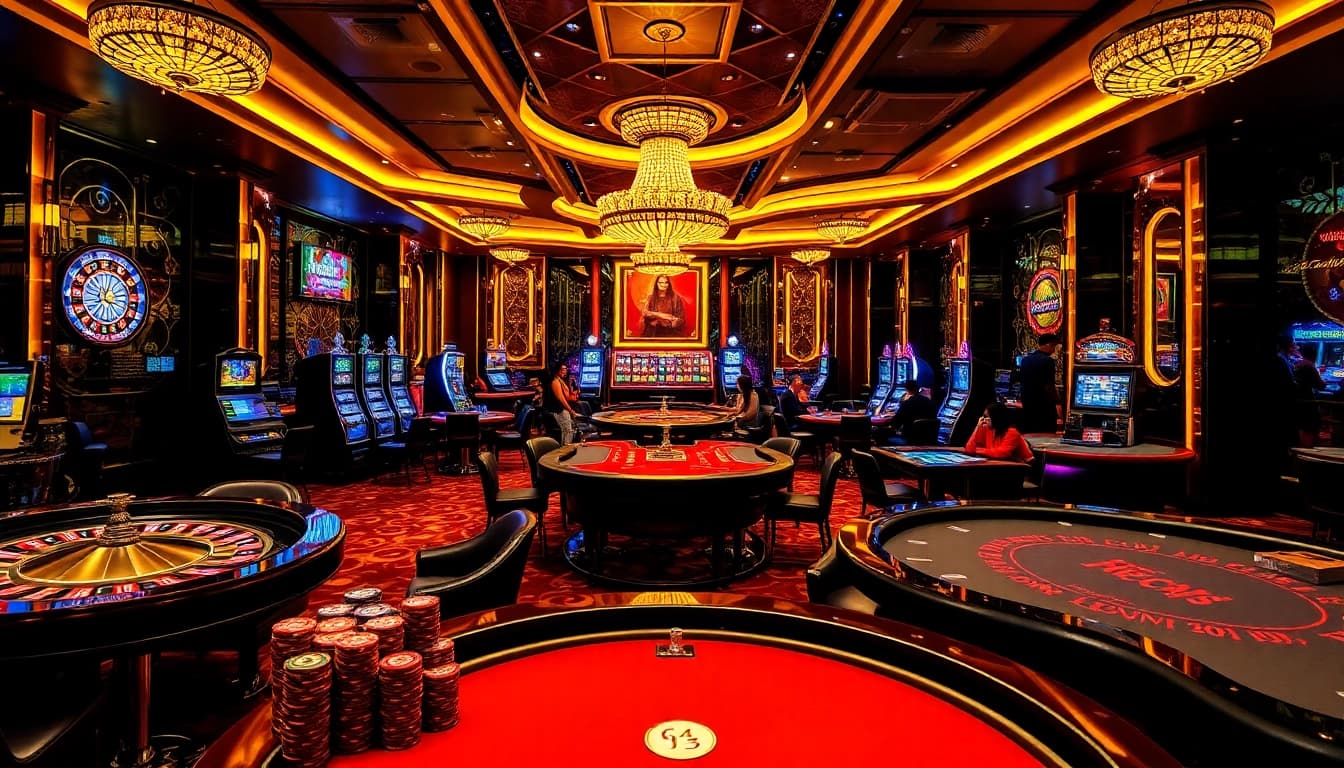 Hitclub players celebrating wins at luxurious casino tables with vibrant slot machines.