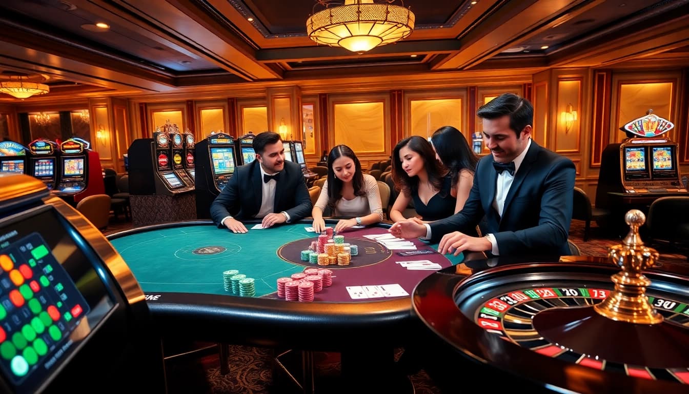 Players immerse in an exciting HU88 casino experience at luxury gambling tables.