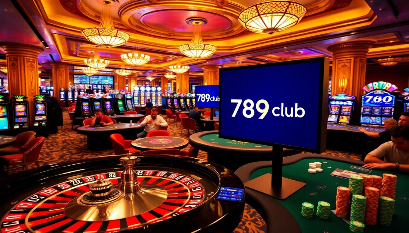 Exciting gameplay at 789club's vibrant casino, showcasing roulette, poker tables, and slot machines.