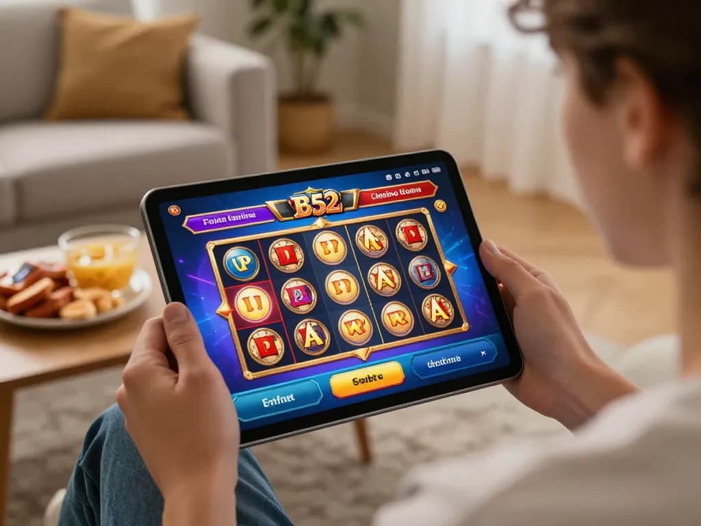 Player enjoying a thrilling B52 game on a tablet, surrounded by cozy decor and snacks.