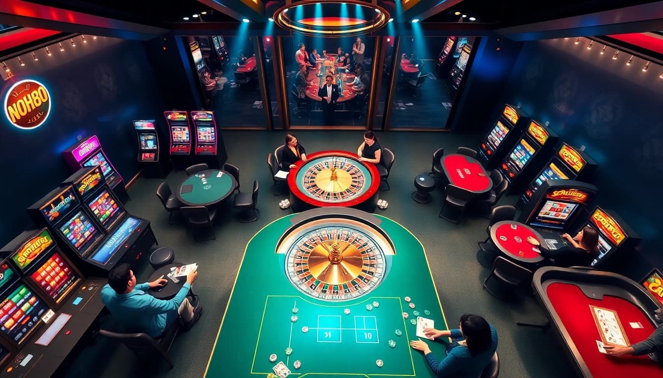 Nohu90 online casino experience with vibrant slot machines and roulette table in an exciting setting.