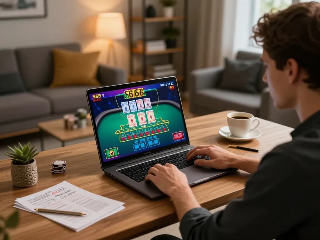 Player engaged in an S666 online casino game at home with a laptop showing a live dealer