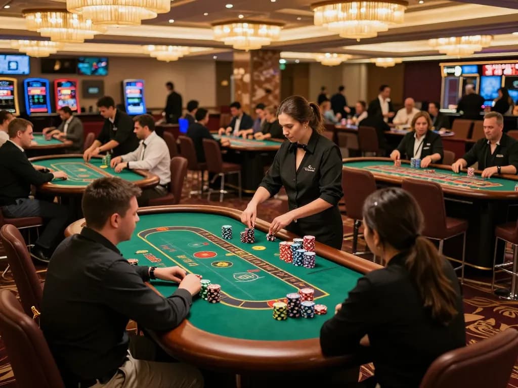 Engaged players at a vibrant casino floor celebrating wins at https://red88tt.com/ with dynamic roulette and poker tables.