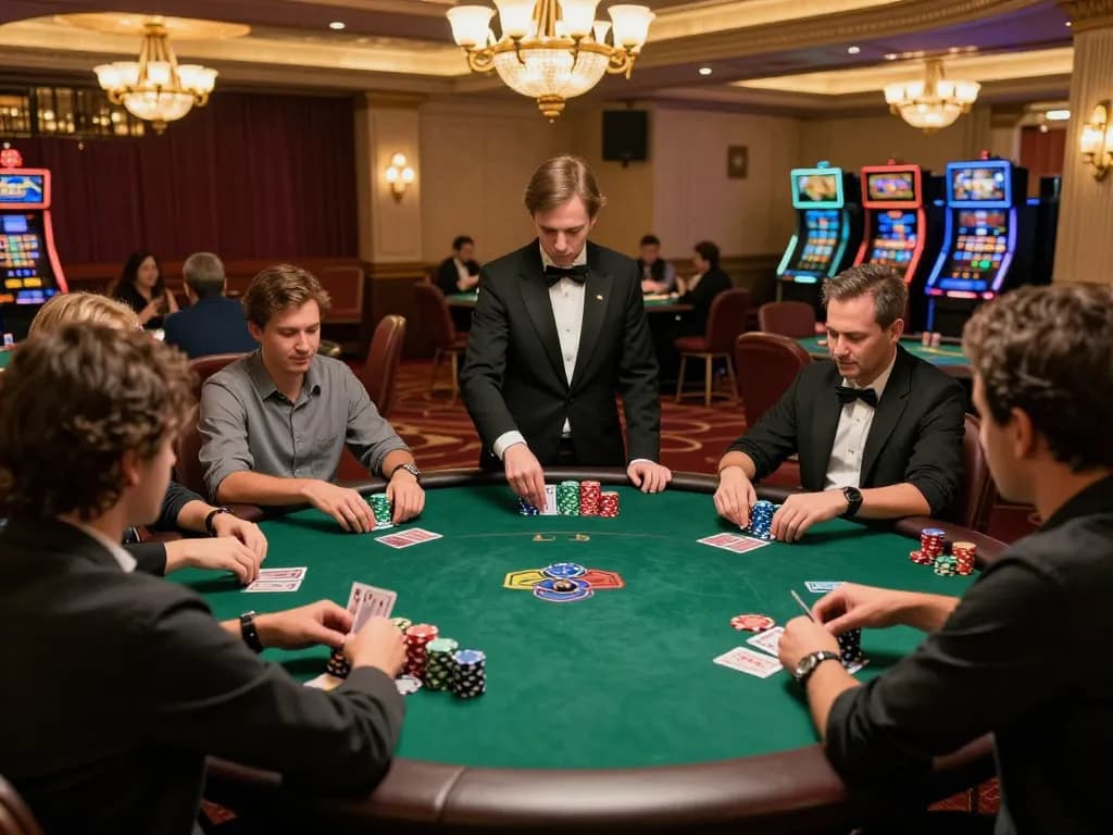 Players strategizing in a SC88 poker game with colorful chips around a felt table.