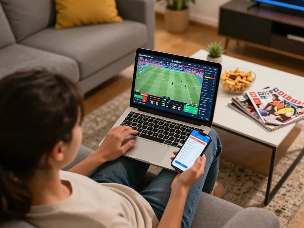 Engaged in live betting on sports at home, showcasing win678 excitement and strategy in gaming.