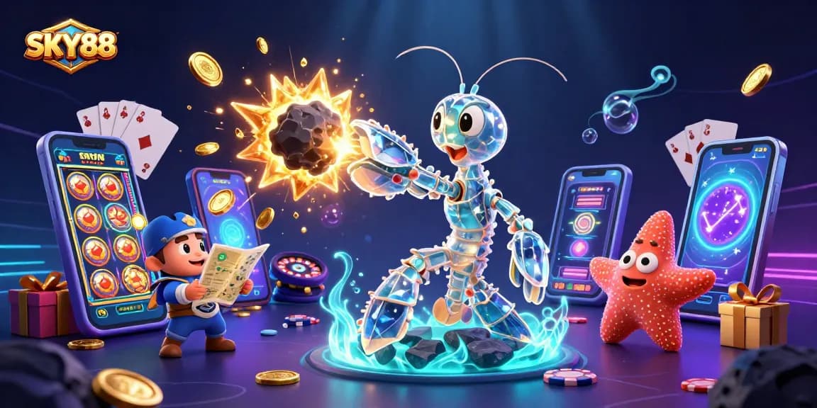 Engage with SKY88's thrilling slot games through a vibrant 3D cosmic casino scene.
