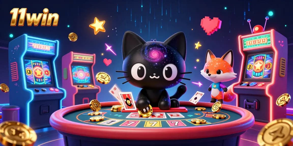 Play at 11win's vibrant casino with golden chips, slot reels, and cosmic characters.