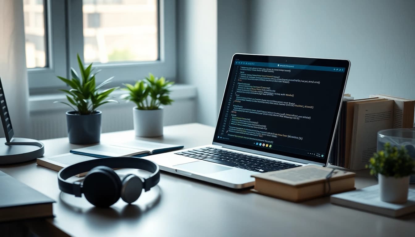 Morse code translator displayed on a laptop in a modern workspace for learning.