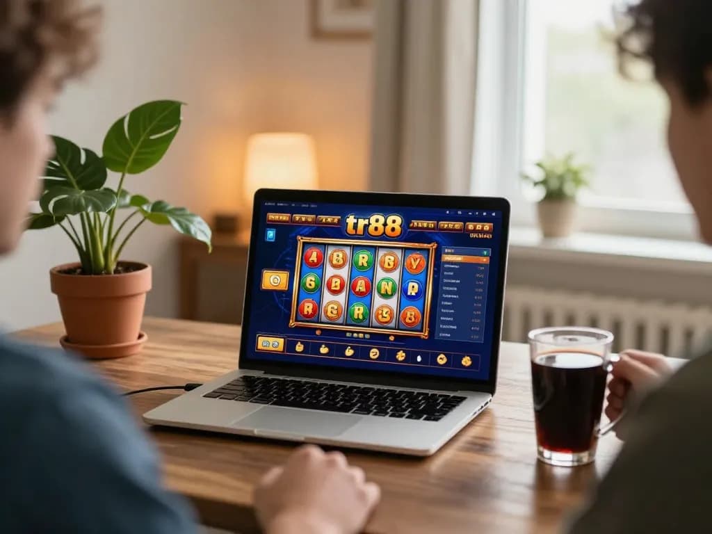 Engaging in tr88 online casino gaming at home, showcasing vibrant slot reels in action.