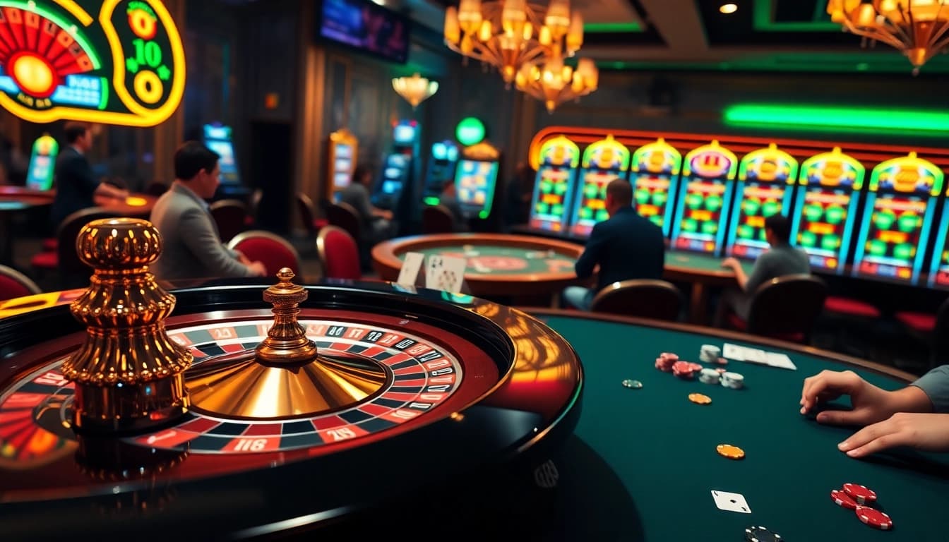 G28 casino scene featuring roulette, poker chips, and slot machines highlighting excitement.