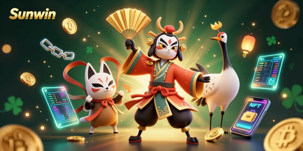 Sunwin interactive casino illustration featuring vibrant characters, crypto elements, and exciting gaming ambiance.