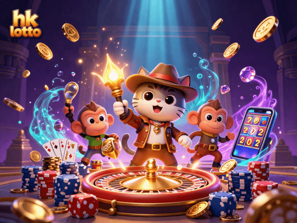 Engage in hk lotto excitement with a vibrant 3D illustration of a cat archaeologist and monkey companion.