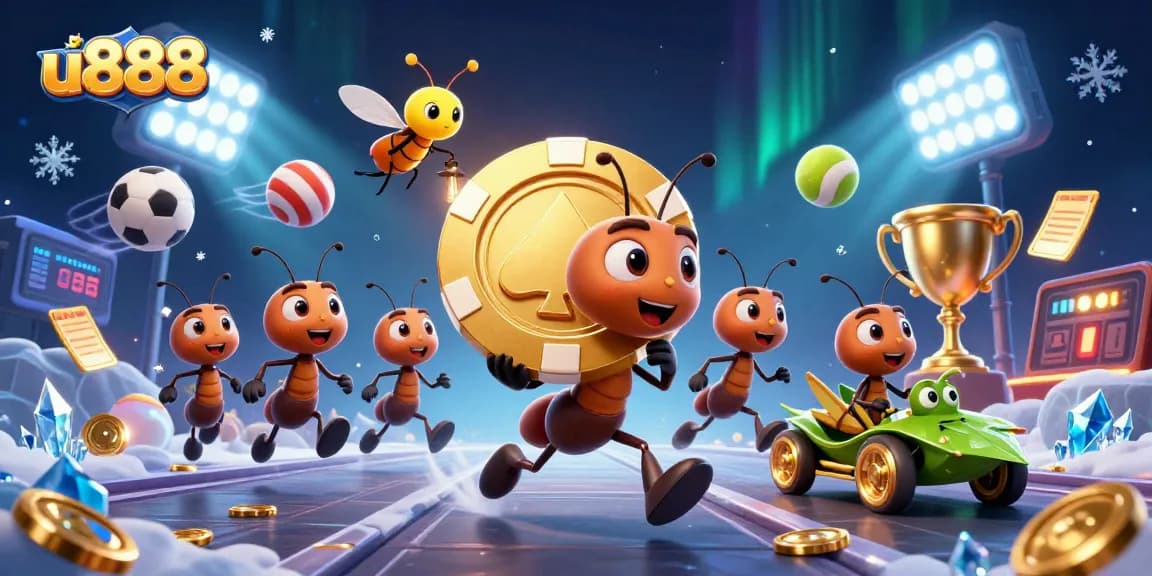 Experience the excitement of u888 with dynamic gambling-themed characters and casino elements in a rich, vibrant scene.